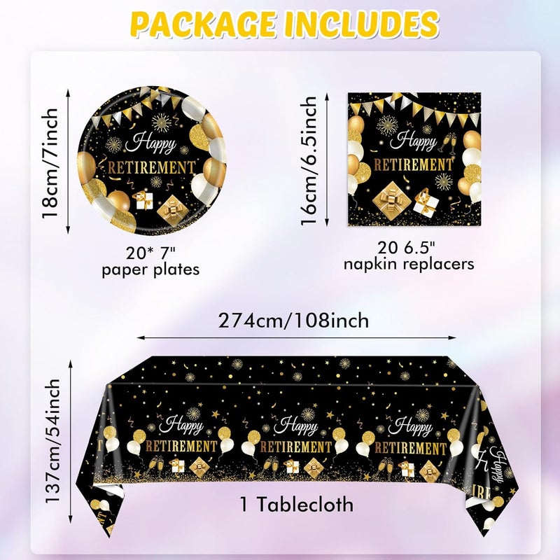 SNIMICS 41PCS Retirement Decorations For Men Black and Gold Disposable Tablerware Decoration Favors Including Napkins Plates Tablecloth Set for Women Men Serves 20 - Image 2